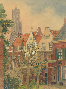 35443 Gezicht op de achterzijde van de huizen Keistraat 3-9 te Utrecht vanaf de Kromme Nieuwegracht, uit het ...